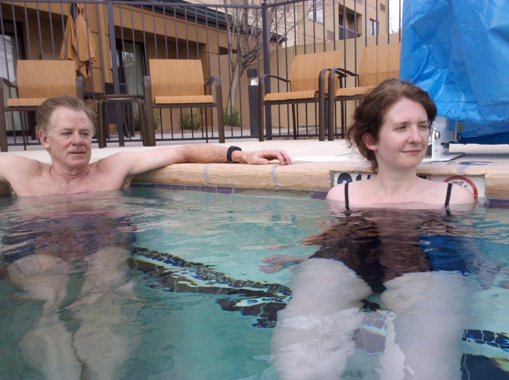 Mark and Beth relaxing in hot tub of Courtyard Hotel, El Paso Airport.