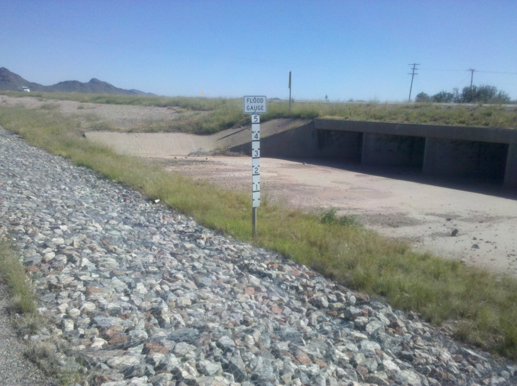 Several times today we saw signs saying "Watch for Water in the Road." Apparently, when it rains here, it really rains.  Here is a Flood Gauge sign along I-10 Business East, that can show how high the water in the road can get.  There are some months of the year when you definitely could not do this bike trip.