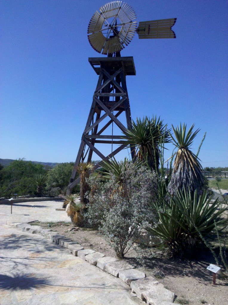 Windmill in Cactus Garden at Judge Roy Bean Visitor Center, Langtry, TX.