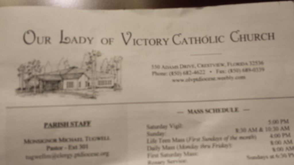 Church bulletin from Our Lady of Victory Catholic Church, Crestview, FL.