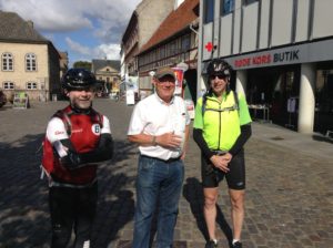 This gentleman is Jess Anthill, whom we met in the same town square.  He is getting ready for his annual solo. Ride from Copenhagen to Paris in Sept.  It is 1100 kilo. And he has been doing it for over 15 years.  He is 69 years old.  Most enjoyable visiting with him.